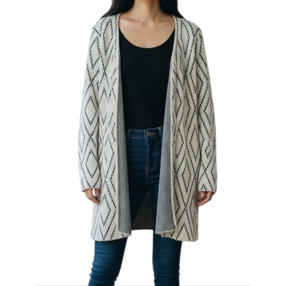 Olivers Sweaters - Oliver Cream Diamond Pattern Long Open Front Cardigan Sweater
